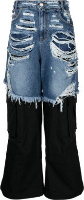 Layered Distressed Wide-Leg Trousers