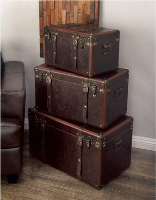 Set of 3 Traditional Faux Leather and Wood Storage Trunks Brown - Olivia & May