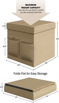 15-Inch Foldable Multipurpose Storage Cube Ottoman with Pockets, Beige, Pair