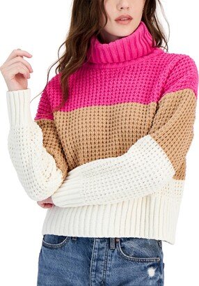 Juniors' Chenille Colorblocked Turtleneck Sweater