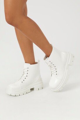 Women's Faux Leather Lug-Sole Combat Booties in White, 6