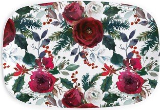 Serving Platters: Holiday Florals Red On White Serving Platter, Multicolor