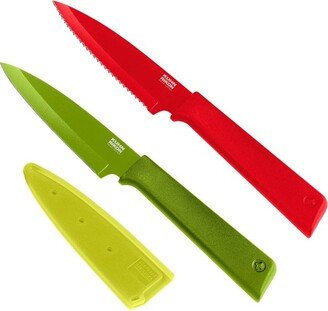 COLORI+ Non-Stick Straight and Serrated Paring Knives with Safety Sheaths, Set of 2, Red and Green