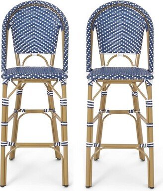 Kinner 2pk Outdoor Aluminum French Bar Stools - Dark Teal/White/Bamboo