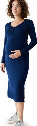 Maternity Ribbed Henley Midi Dress Navy Blue Size S