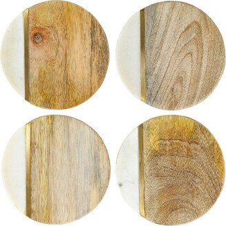 Laurie Gates White Marble and Mango Wood Round 4 Piece Coaster Set