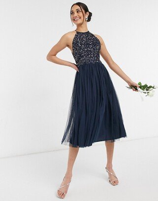 Bridesmaid halter neck midi tulle dress with tonal delicate sequins in navy