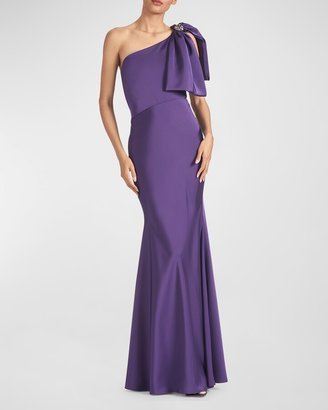 Aubrey One-Shoulder Bow Satin Column Gown