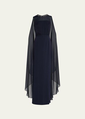 Sleeveless Jewel-Trim Chiffon Cape Gown