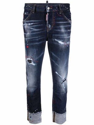 Distressed Cropped Heart-Motif Jeans