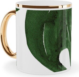 Mugs: Monstera Tropical Leaves - Green Ceramic Mug, Gold Handle, 11Oz, Green
