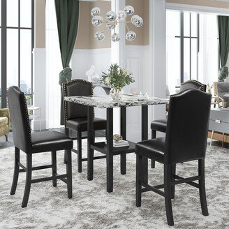 IGEMAN 5-Piece Faux Marble Storage Dining Table Set with Middle Shelf and 4 Upholstered&Nailheads Decor Chairs for Dining Room Set