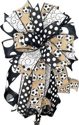 Rustic Burlap Soccer Themed Bow With Black & White Polka Dots Coordinating Ribbons, Sports Fan Porch Decor, Wreath Lantern Decoration