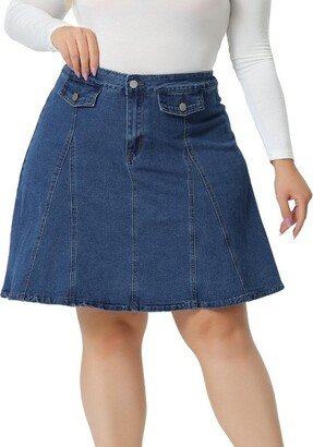 Agnes Orinda Women's Plus Size Denim Casual A-line Jean Buttons Decor Faux Pockets Mini Skirts Mid Blue 2X