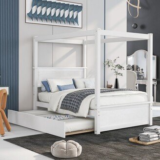 Calnod Brushed White Wood Canopy Bed with Trundle - Full Size Canopy Platform Bed, No Box Spring Needed