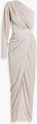 One-sleeve draped glittered jersey gown