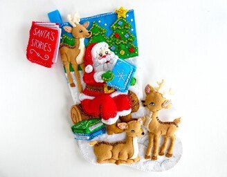 Finished Bucilla Felt Christmas Stocking, Story Time Santa - Handmade 3D Plush Holiday Sock For Reader, Boy, Girl Family Completed