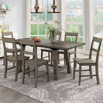 EDWINRAYLLC Retro 7-Piece Dining Table Set, Extendable Leaf Table with Metal Side and 6 Center Concave and Curved Back Wood Chairs