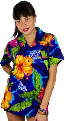 V.H.O. Funky Hawaiian Blouse Women Short-Sleeve Front-Pocket Big Flower Multiple Colors - blue - 3X-Large