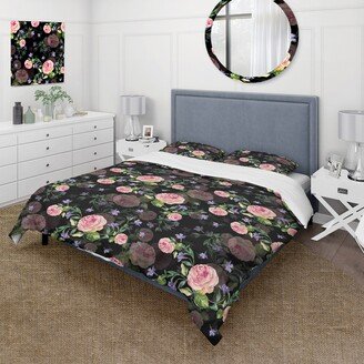 Designart 'Graden Roses With Periwinkle On Black Background' Traditional Duvet Cover Set