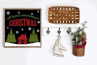 All Hearts Come Home For Christmas, Square Wood Framed Farmhouse Sign, Christmas Decor