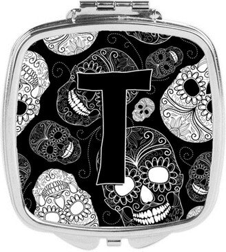 CJ2008-TSCM Letter T Day of the Dead Skulls Black Compact Mirror