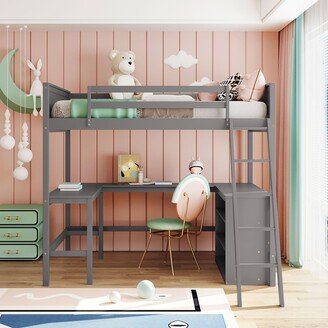 Full size Loft Bed with Shelves and Desk