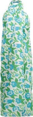 Kate Austin Designs Lightweight Anni Organic Cotton Satin Beach Cover-Up Sarong With Tassels In Green And Blue Strawberry Block Print