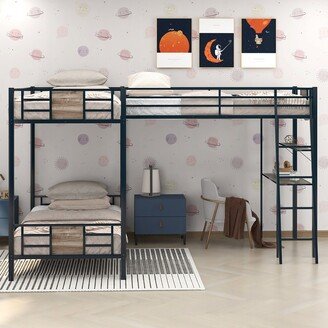 EDWINRAY L-Shaped Twin Over Twin Bunk Bed with Twin Loft Bed with Desk & Shelf, Brown