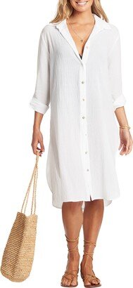 Crinkle Long Sleeve Cotton Button-Up Cover-Up Shirtdress