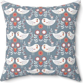 Scandinavian Boho Throw Pillow, Retro Floral Norwegian Folk Art, Gray White Red Winter Birds Pillowcase, Swedish Hygge Nordic Christmas Decor