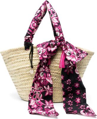 Scarf-Wrapped Straw Tote Bag