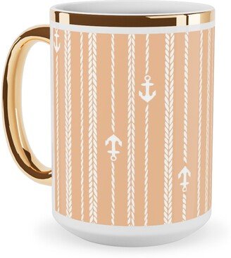 Mugs: Ropes And Anchors - Orange And White Ceramic Mug, Gold Handle, 15Oz, Orange