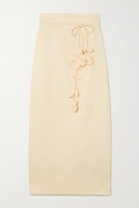 Luminosity Belted Appliquéd Linen Midi Skirt - Cream
