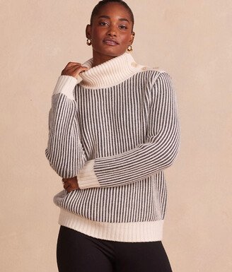 The Luxe Cashmere Blend Two-Tone Button Neck Sweater - Dune & Charcoal