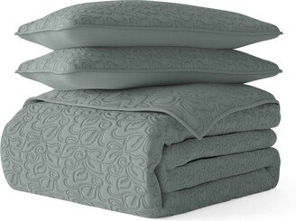 3-Piece Floral Stitch Quilt Set - Queen