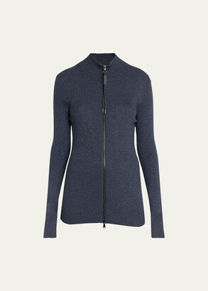 Cashmere Blend Lurex Ribbed Zip-Up Cardigan with Monili Detail