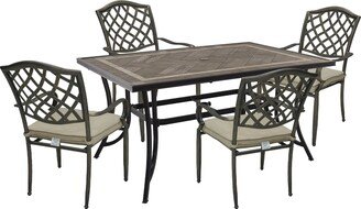 Cast Aluminum 5-Piece Outdoor Patio Dining Set with Ceramic Tile Top Table and Chairs - N/A