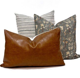 Pillow Cover Combination #12, Oatmeal & Gray Woven Stripe Cover, Rust Steel Floral Faux Leather