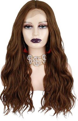 Unique Bargains Long Body Wave Lace Front Wigs Costume Wig with Wig Cap 24 Light Brown 1PC