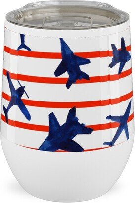 Travel Mugs: Patriotic Airplanes Watercolor - Blue With Red Stripes Stainless Steel Travel Tumbler, 12Oz, Blue