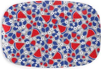 Serving Platters: Summer Strawberries And Melons - Red, White And Blue Serving Platter, Multicolor