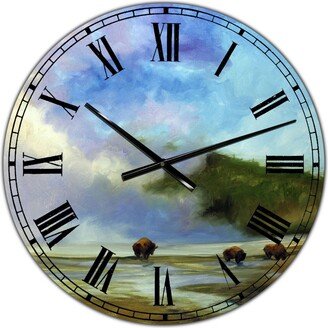 Designart Yellowstone Buffalo Landscape Large Lake House Wall Clock - 36 x 28 x 1