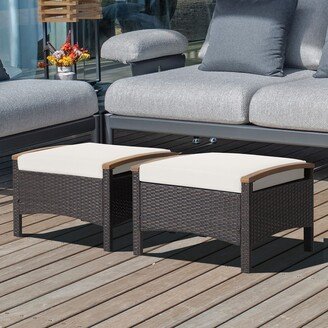 Set of 2 Patio Rattan Ottoman Footrest Cushions Wooden Handle - See Details