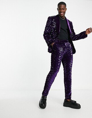 skinny suit pants in sequin diamond velvet in purple