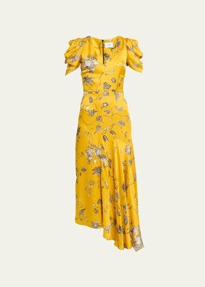 Floral Print Aysmmetrical Midi Dress with Puff Sleeves