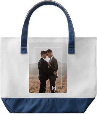 Large Tote Bags: Keyline Monogram Large Tote, Navy, Photo Personalization, Large Tote, White