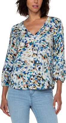 Los Angeles Womens Petite 3/4 Sleeve Double V-Neck Top Brushstroke Starburst Print X-Small