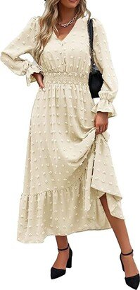 FHNUVB Women’s Long Sleeve Maxi Dress V Neck Swiss Dot Ruffle Dress Fall Dresses 2023 Wedding Party Dresses Beige