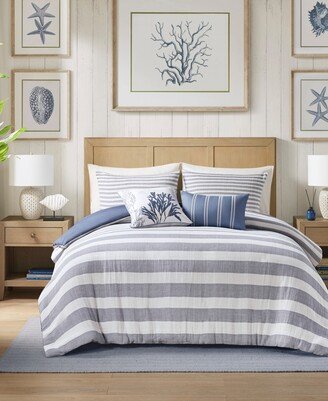 Brooks Cotton Stripe 5 Piece Duvet Cover Set, Full/Queen - White, Blue